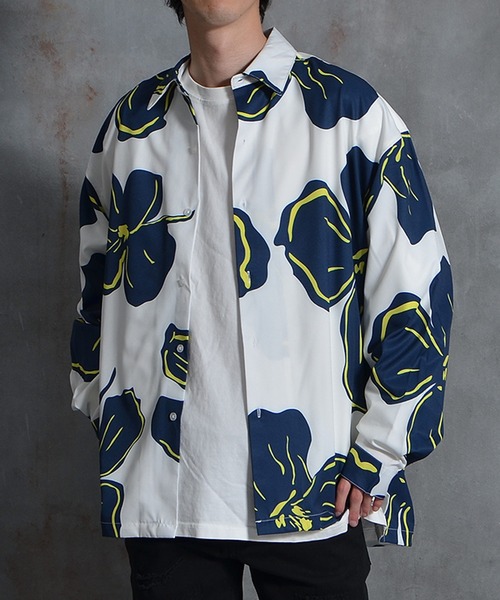 メンズ 総柄シャツ 長袖 ダメージ風 ビッグシルエット P00132 joker シャツ オーバーサイズ長袖シャツ メンズ 柄シャツ ビッグ