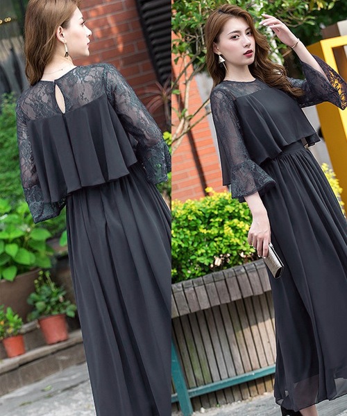 安心追跡【COAST】フリルスリーブレースツイルドレス Select Shop レーススリーブ胸元フリルロングドレス ブラック/3L
