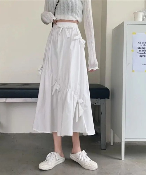 Port スカート ランダム リボン ギャザー ロングスカート #_