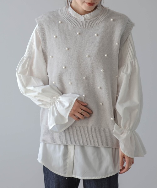ベスト ジレ パールディティールニット ジレ レディース カタログ掲載・洗える】パールディティールニット ジレ | 自由区
