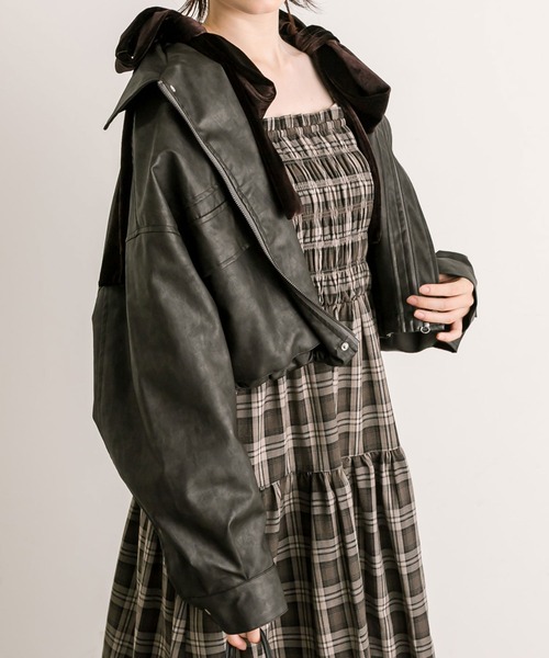 OLIVE des OLIVE ショート丈 ブルゾン エコレザー ジャケット OLIVE des ブルゾン アウター ショート丈エコレザーブルゾン