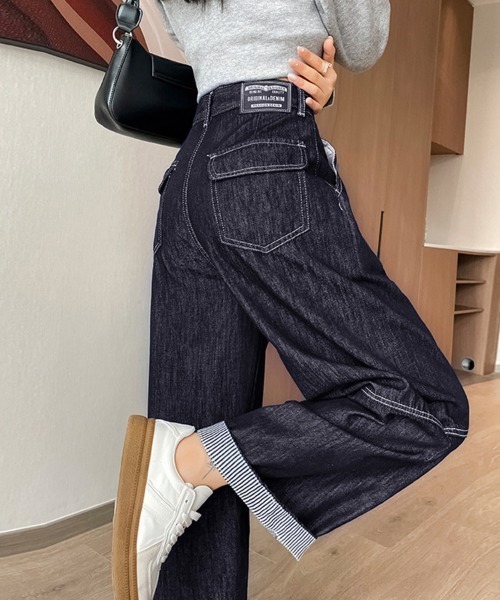 ジーンズ デニム デニムパンツ ストライプロールアップデニム
