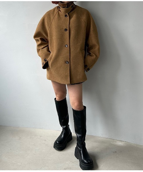 コート アウター チェック柄 スタンドネック ハーフコート