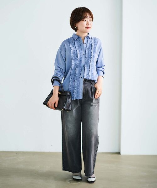 【fleur】【Ｌ〜５Ｌ】バンドカラー フロント フリル シャツ セール】【L～5L 大きいサイズ】バンドカラーフロントフリル