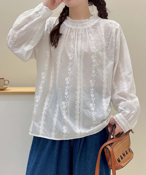 aimoha ブラウス シャツ フリル襟刺繍スモックブラウス