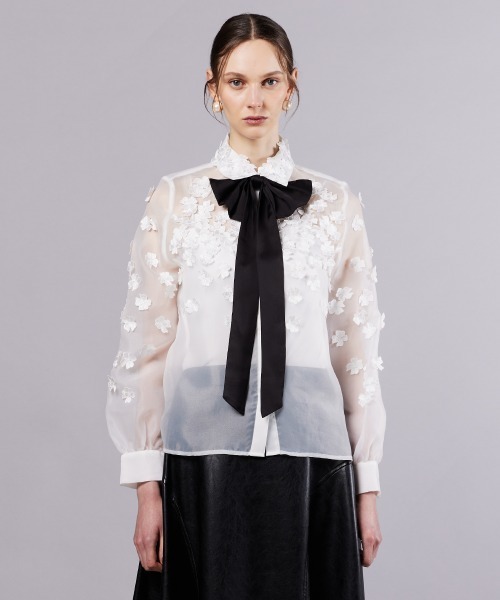 Sov. ボウタイ付き半袖シャツ 38 Sov. / パフスリーブボウタイブラウス(SALE) TOPS Night STORE