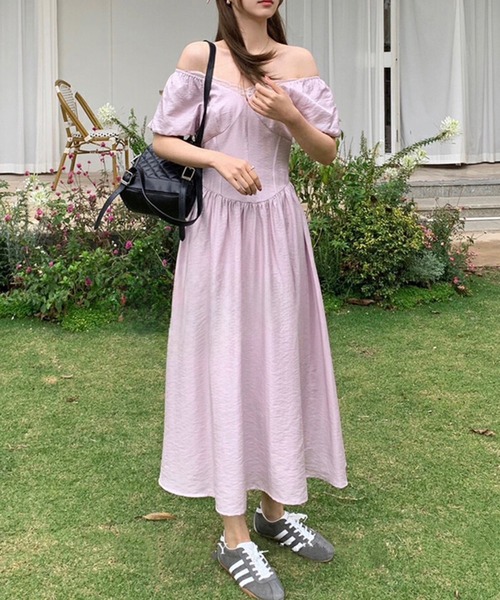 Lace Ladies ワンピース 2WAY Vネック レース パフスリーブ オフ