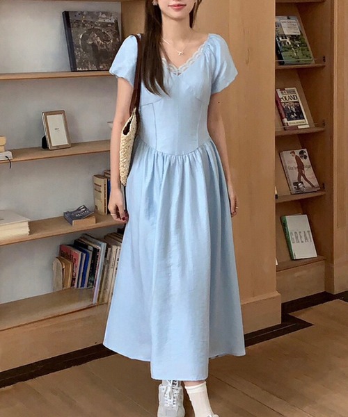 水通しのみ　ワンダフルワールド　ハシゴレース　パフスリーブ　ロングワンピース Lace Ladies ワンピース 2WAY Vネック レース パフスリーブ オフ