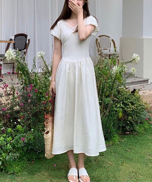 ワンピース Vネック ドレス パフスリーブ ロング S/XL Lace Ladies ワンピース 2WAY Vネック レース パフスリーブ オフ