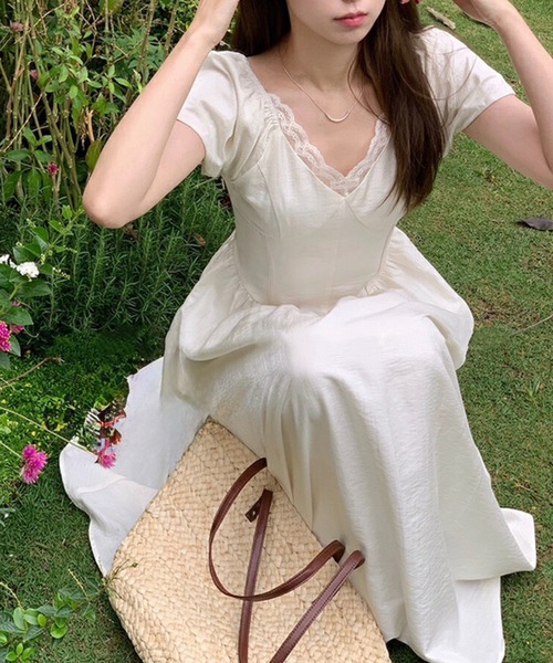 Lace Ladies ワンピース 2WAY Vネック レース パフスリーブ オフ