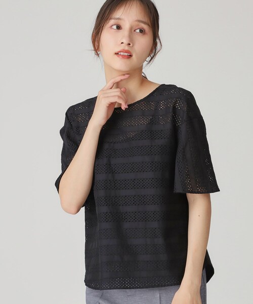 クード シャンス（COUP DE CHANCE）/【手洗い可／日本製】ジオメボーダーレースカットソー COUP DE CHANCE（クードシャンス） tシャツ 「手洗い可／日本製