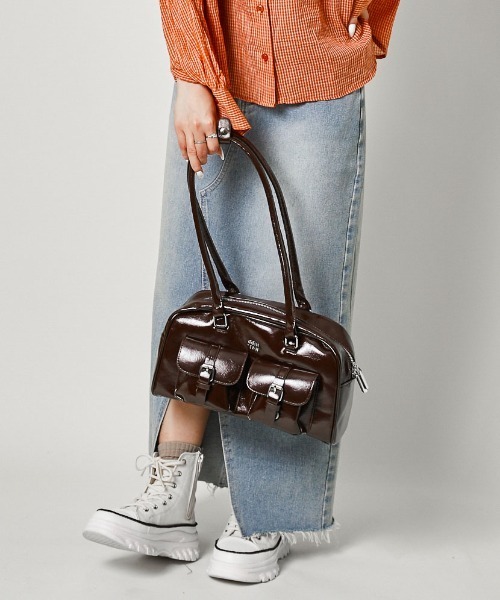 ハンドバッグ 「フェイクレザー×2ポケット」レディース ダブルポケット