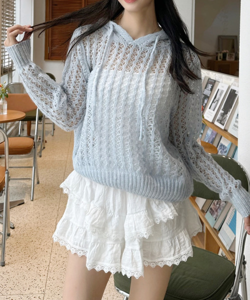 パーカー 「Good Riddance」透かし編み フーディーニット レディース