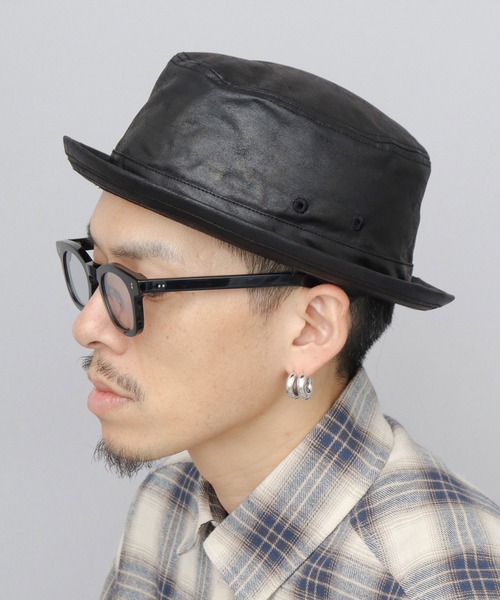 A.M.S. 帽子 ハット クラック加工 レザー調 ポークパイハット メンズ