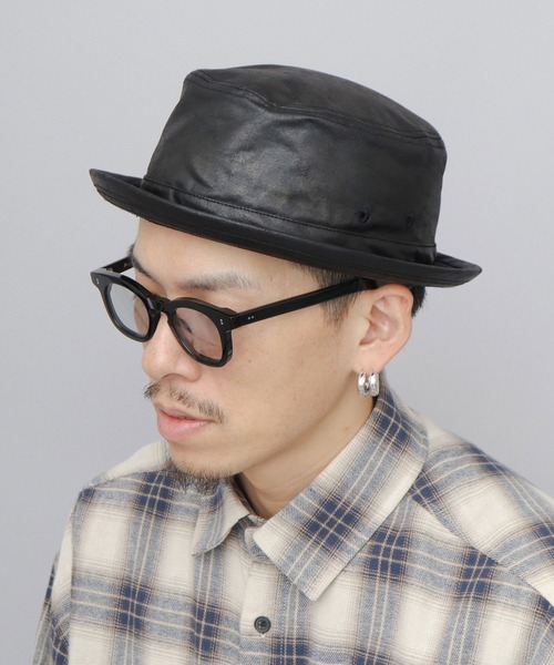 A.M.S. 帽子 ハット クラック加工 レザー調 ポークパイハット メンズ