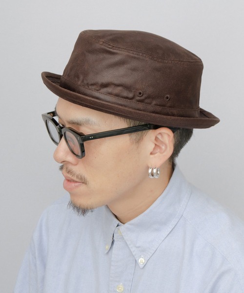 A.M.S. 帽子 ハット クラック加工 レザー調 ポークパイハット メンズ
