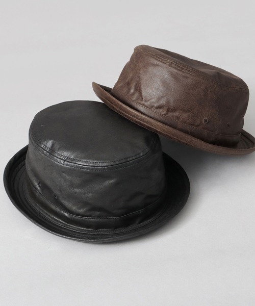 A.M.S. 帽子 ハット クラック加工 レザー調 ポークパイハット メンズ