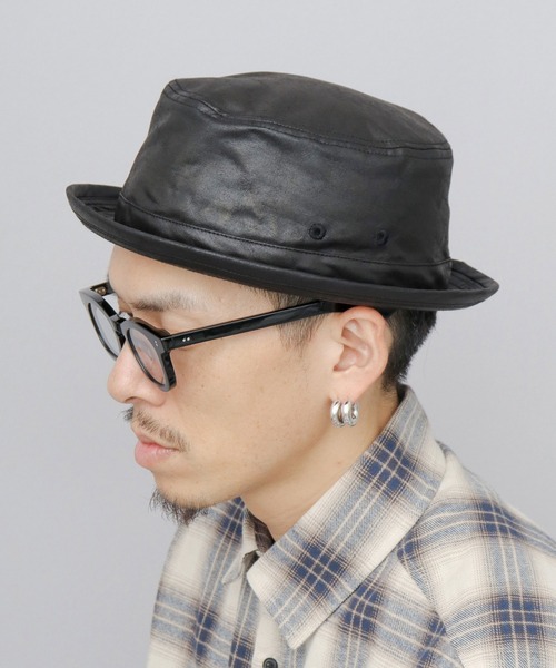 A.M.S. 帽子 ハット クラック加工 レザー調 ポークパイハット メンズ