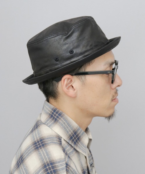 A.M.S. 帽子 ハット クラック加工 レザー調 ポークパイハット メンズ