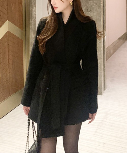 ノーカラーコート コート スタンドカラーウエストマークハーフコート