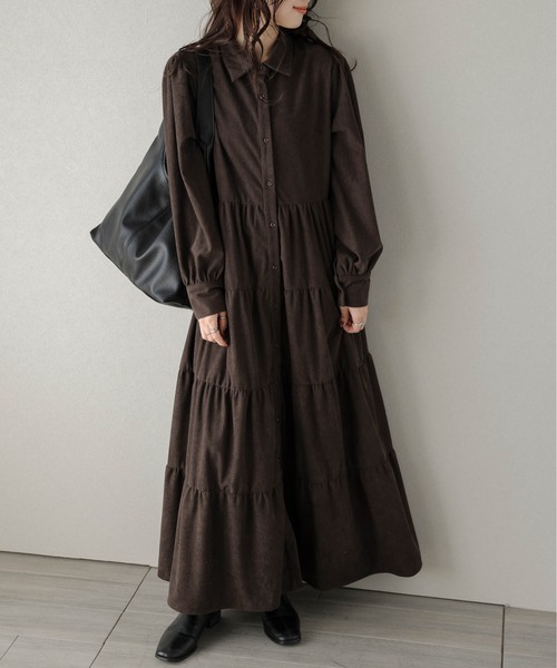 45R コーデュロイ　Aライン ワンピース 45R✨インディゴコーデュロイのAドレス ワンピース ロング 藍染 ロゴ