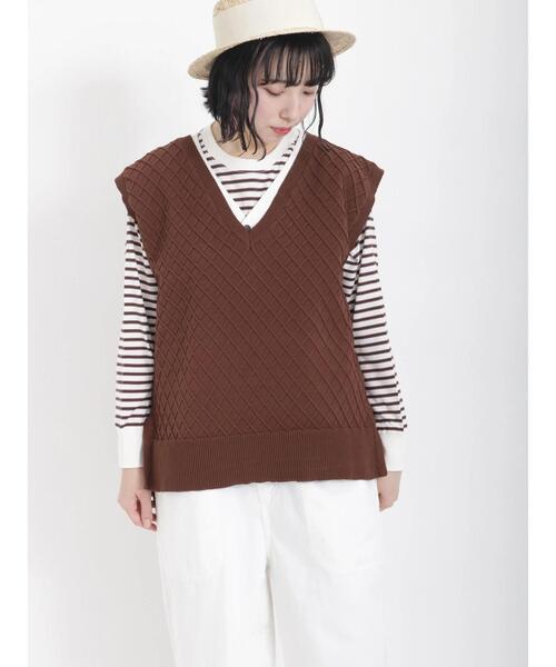 【即日発送】Naptime ニットベスト 総柄 ブラウン Mサイズ Samansa Mos2（サマンサモスモス） ニットベスト フリ- ダークブラウン