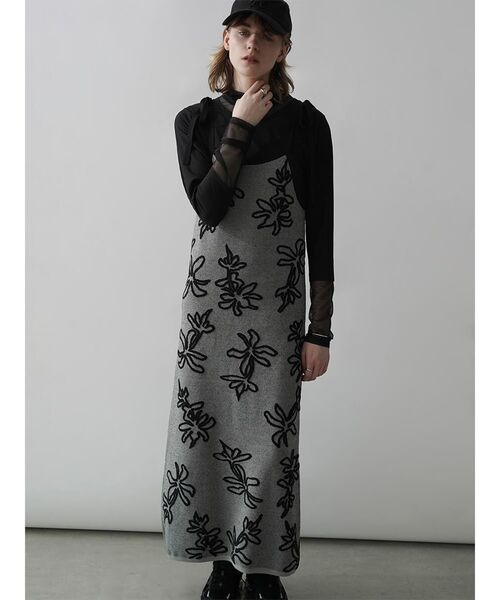 ワンピース SHOULDER RIBBON FLOWER JACQUARD KNIT ONEPIECE