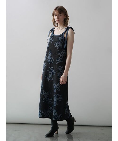 ワンピース SHOULDER RIBBON FLOWER JACQUARD KNIT ONEPIECE