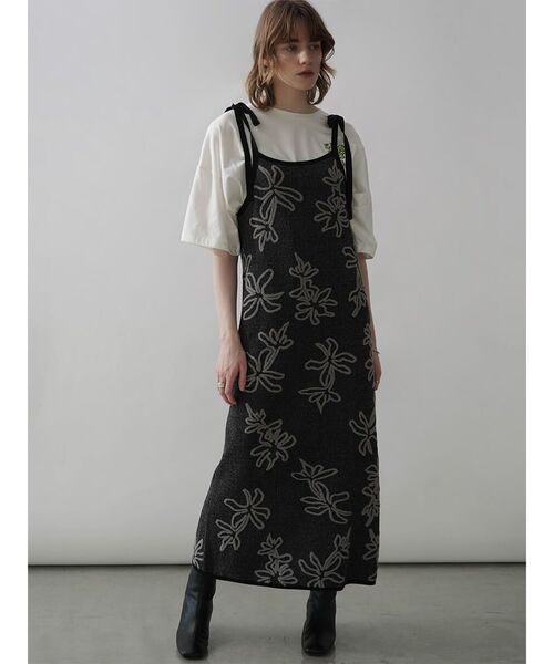 ワンピース SHOULDER RIBBON FLOWER JACQUARD KNIT ONEPIECE