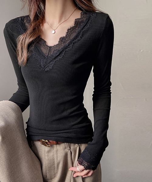 tシャツ レース付きVネックトップス レディース : ZOZOTOWN Yahoo!店