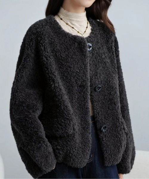 ムートンコート ボアコート もこもこノーカラーショートジャケット