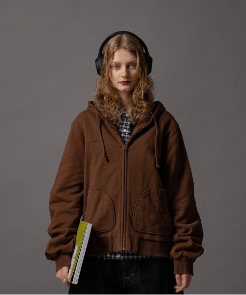 littlewillow ブラウンジップパーカー CIVVY. パーカー Cut-off Short Zip Hoodie - カットオフショート