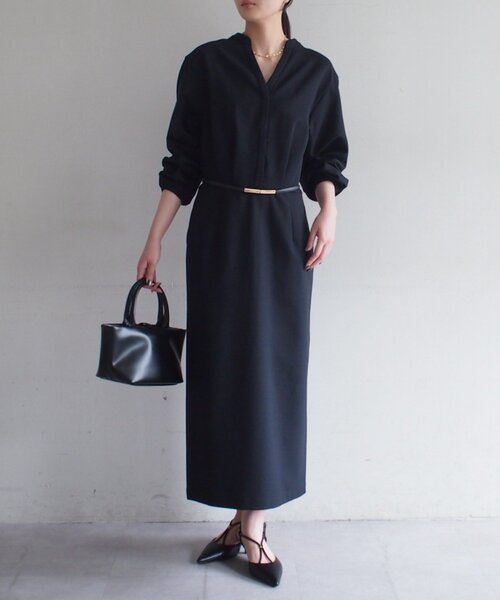 【クラスラウンジ】ワンピース グレー M ミモレ丈 アシメ 毛100%【美品】 Loungedress（ラウンジドレス） ワンピース リネンライクVワンピース