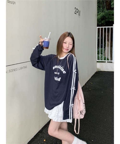 tシャツ リボン飾り カジュアルロング T シャツ レディース : ZOZOTOWN