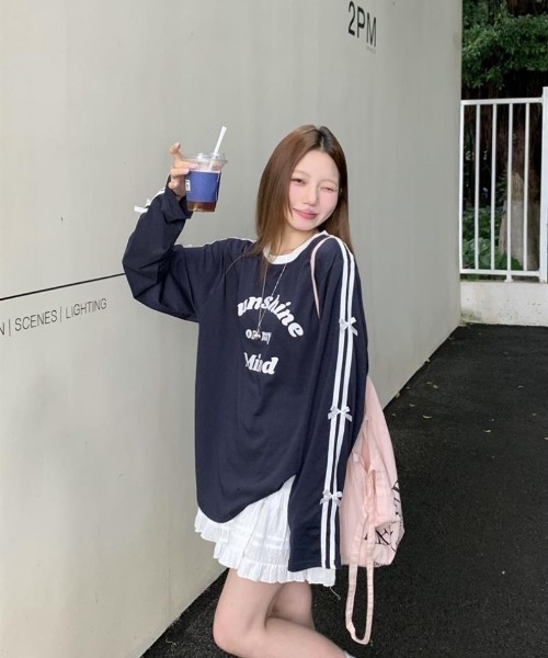 ホワイト/ブラックリボン Tシャツ M tシャツ リボン飾り カジュアルロング T シャツ レディース : ZOZOTOWN