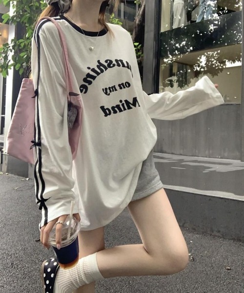 ホワイト/ブラックリボン Tシャツ M tシャツ リボン飾り カジュアルロング T シャツ レディース : ZOZOTOWN