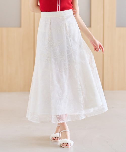 スカート 2026春夏新作 フラワー刺繍Aラインスカートの画像