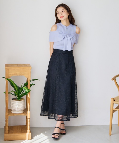 スカート 2026春夏新作 フラワー刺繍Aラインスカートの画像