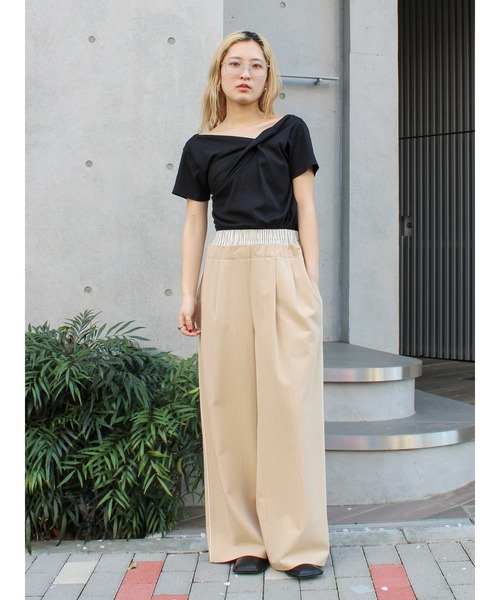 ワイドパンツ パンツ ウエストデザインラインパンツ レディースの画像