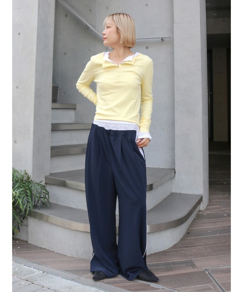 ワイドパンツ パンツ ウエストデザインラインパンツ レディースの画像