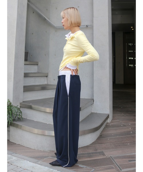 ワイドパンツ パンツ ウエストデザインラインパンツ レディースの画像