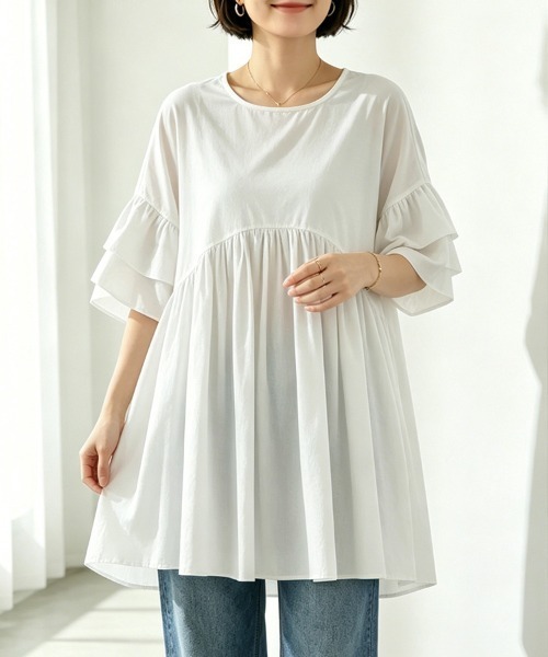 tシャツ 半袖 フリルスリーブチュニックトップス レディース