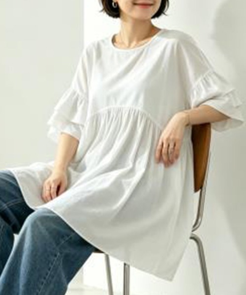 tシャツ 半袖 フリルスリーブチュニックトップス レディース