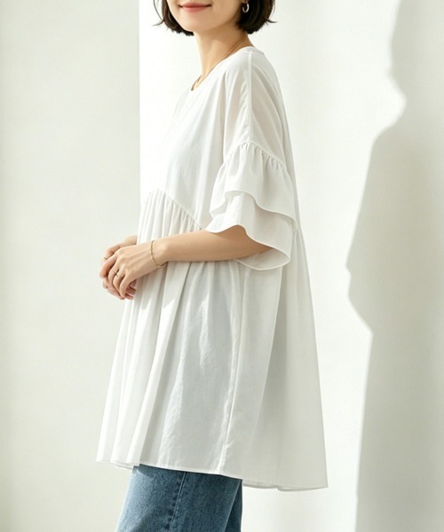 tシャツ 半袖 フリルスリーブチュニックトップス レディース