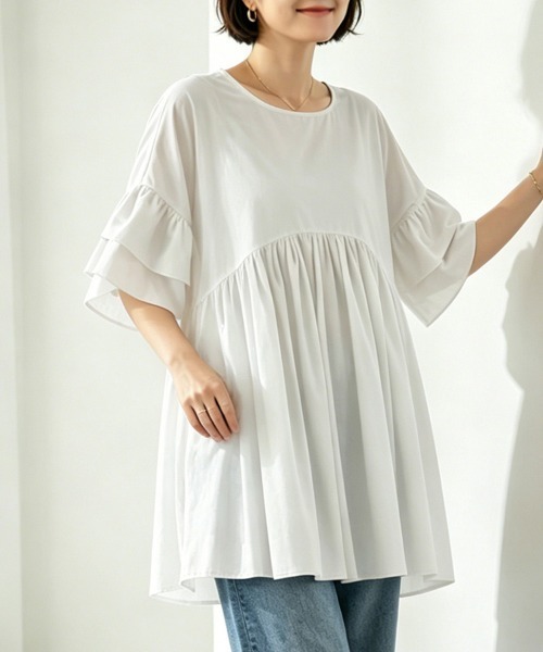 tシャツ 半袖 フリルスリーブチュニックトップス レディース