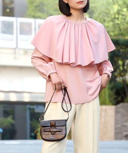 ELFRANK ブラウス シャツ ケープビッグカラーボリューム袖2wayブラウス