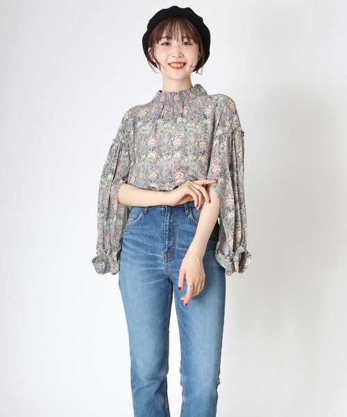ブラウス シャツ スリットスリーブブラウス　AMARAフラワープリント レディース Jines ブラウス シャツ スリットスリーブブラウス AMARAフラワー