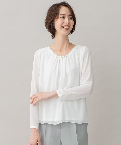 tシャツ 「洗える/ベーシックカラー」ロイヤルシフォン パールディティール カットソー レディース