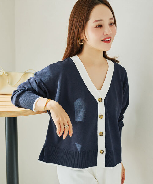 【完売】DIANTE ニット トップス　カーディガン　ホワイト　ネイビー 配色ニットカーディガン