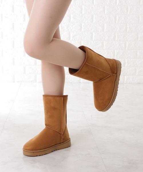 レディース ムートン風ショートブーツ 中筒 4.5cmヒール ミルクアプリコット Lace Ladies（レースレディース） ブーツ ムートン風ボアフラット